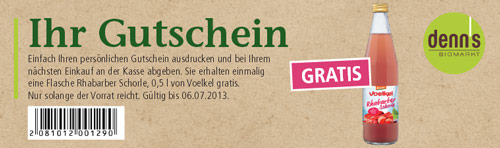 Kostenlose 0,5-Liter-Flasche voelkl Rhabarberschorle bei denns Biomarkt