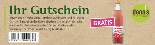 Kostenlose 0,5-Liter-Flasche voelkl Rhabarberschorle bei denns Biomarkt