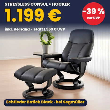 Stressless Consul M Classic Relaxsessel mit Hocker (Echtleder Batick Black) für 1.199 € inkl. Versand bei Segmüller