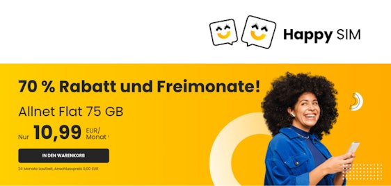 2 Monate GRATIS, 0€ Anschlusspreis, monatlich kündbar! 😏 Happy SIM Allnet-Flats inkl. 5G | z.B.: 75 GB ab 10,07€ pro Monat