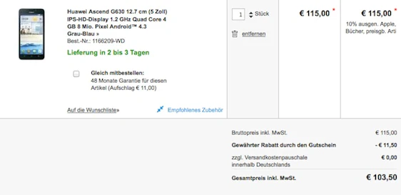 Huawei Ascend G630 (5", IPS-HD-Display, 1.2 GHz Quad Core, 4 GB) 8 Grau-Blau für 109€ bei conrad