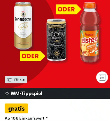 Lidl App-WM Tippspiel: gratis Perlebacher Premium Pils oder Freeway Eistee oder Allini Secco Frizzante ab 10€ MEW