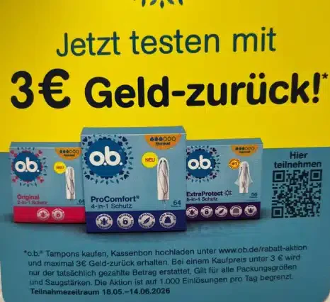 Vorankündigung: Erhaltet beim Kauf von o.b. und erhaltet 3 € zurück