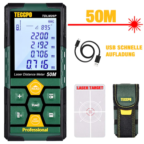 Laser Entfernungsmesser 50m TECCPO, USB, 30 min Schnellladung