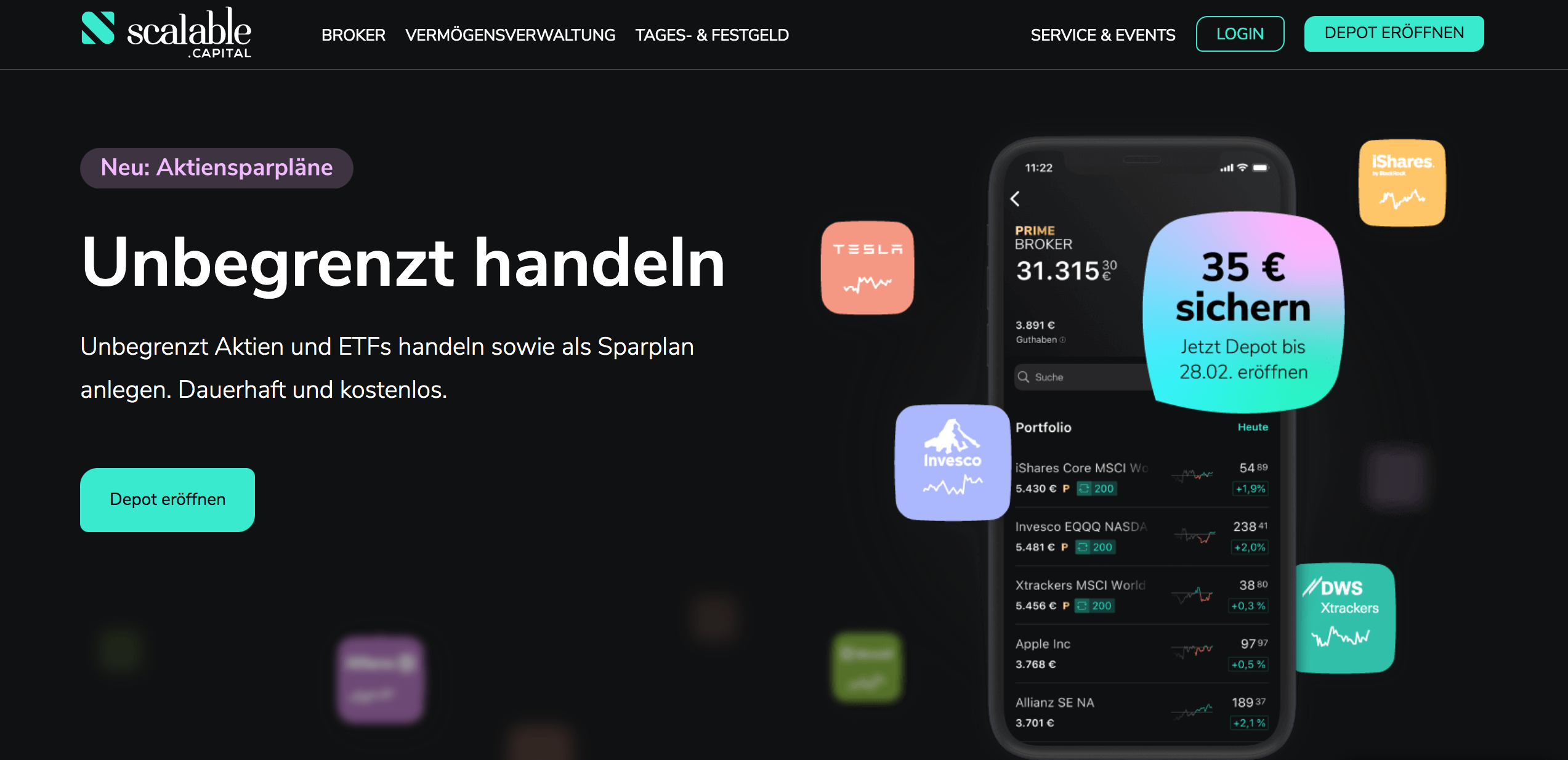 Scalable Capital Broker mit 35€ Prämie - Premium Broker , alle Sparpläne und kompletter Handel kostenlos
