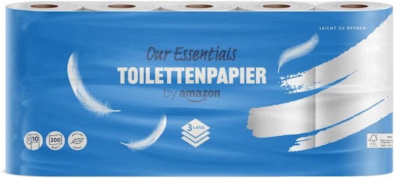 🤯 10er-Pack Our Essentials by Amazon Toilettenpapier für 3€ - 3-lagig, 200 Blatt pro Rolle (Prime)