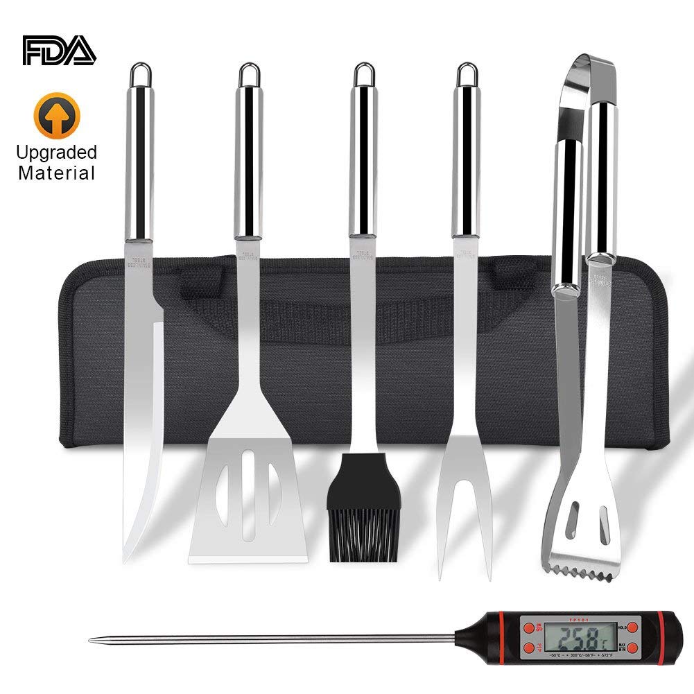 6 in 1 Edelstahl Grillbesteck Set + BBQ Thermometer mit Tragetasche Fleischgabel,Grillschaufel,BBQ-Messer
