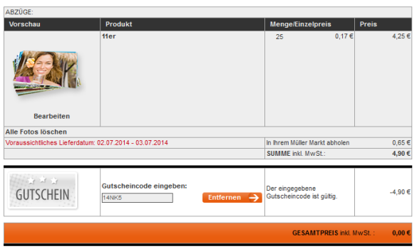 5€ Gutschein ohne Mindestbestellwert bei Müller - viele kostenlose Fotoprodukte