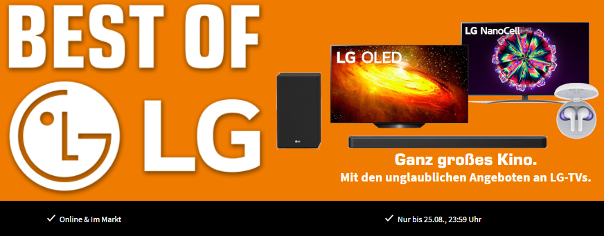 LG Brand Week bei Saturn 📺 Smart TVs &amp; Soundbars mit gratis Zugaben 🎉 z.B.: 65" LG NanoCell TV + Tone Free FN6 Wireless Kopfhörer für 819€