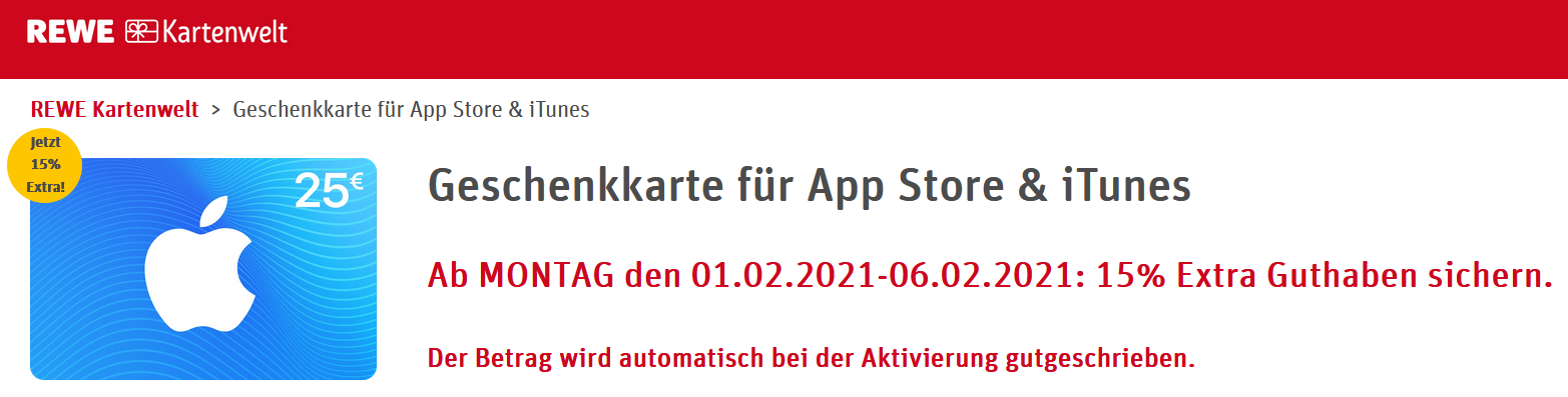 15% Rabatt auf iTunes- und AppStore-Guthaben-Karten bei Rewe – z.B.: Gutscheinkarte für 50€ mit 57,50€ Einlösewert