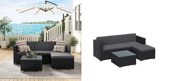 Cooler Deal ❄️ Songmics Gartenmöbel-Set für 249€ - PE-Polyrattan, inkl. Kissen, Glastisch