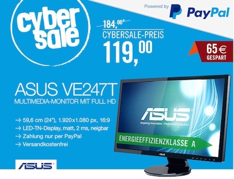 Asus VE247T (24", 16:9, Full-HD, TFT Monitor mit Lautsprechern) für 119€ im Cybersale bei Cyberport