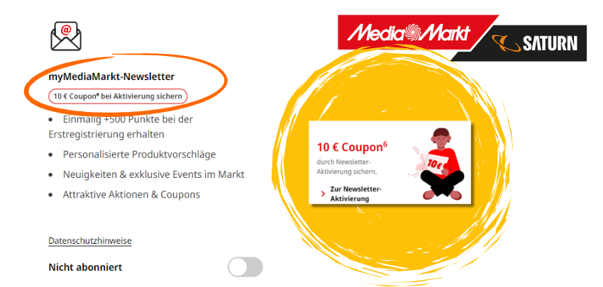 Nur noch für kurze Zeit 🔥 10€ Coupon bei Newsletter-Anmeldung bei Media Markt &amp; Saturn
