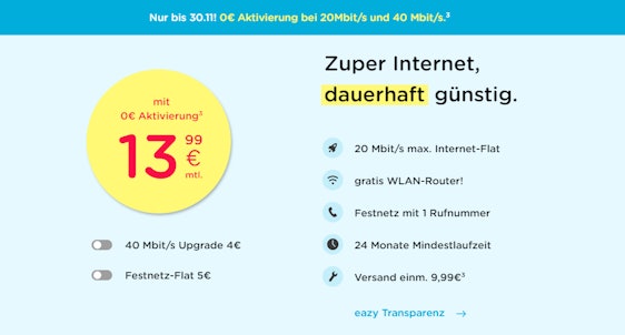Mit 50€ Amazon-Gutschein! Eazy Internet- & Festnetztarif im Vodafone-Netz ab 13,99€ im Monat – mit 20 Mbit/s oder 40 Mbit/s im Download