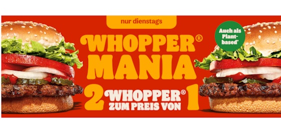 🍔 Whopper Mania bei Burger King – 🍔 2 Whopper zum Preis von 1 bei Burger King, auch Plant based