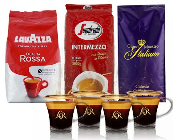 *Vorbei*Italiens Topmarken in einem Paket (3x 1kg) für 40€ – 30€ Rabatt auf Lavazza, Segafredo, Grand Maestro Italiano + 4x L'OR Espresso-Gläser