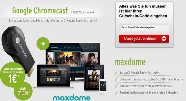 Google Chromecast + 3 Monate Maxdome für 1€ – kündigen nicht vergessen! *UPDATE*