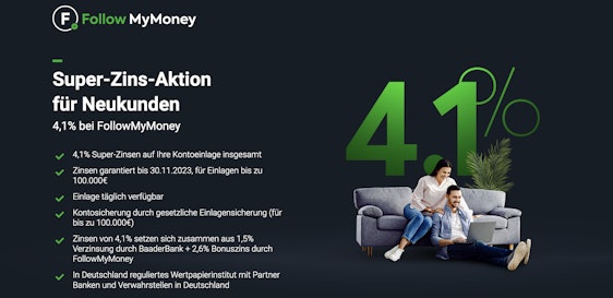 Mega Zinssatz jetzt ohne Mindesteinlage! 😱 4,1% Tagesgeld-Zinsen bei FollowMyMoney - zusätzlich 15€ Bonus sichern 🤩