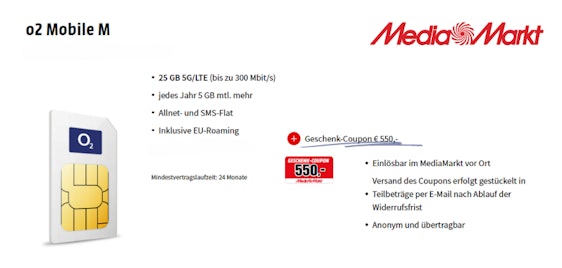 Mit 550€ Media Markt Coupon! 🤑 o2 Mobile M Allnet-Flat für 32,99€ mtl. - 25GB 5G/LTE, Allnet- & SMS-Flat, EU-Roaming