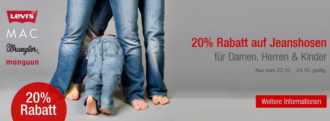 20% Rabatt auf Jeans + bis zu 15€ Zusatzrabatt bei Galeria Kaufhof: z.B. Levis, Mac, Wrangler, G-Star