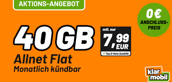 Tarif-Knaller bei Klarmobil 🤙 40GB im 5G Vodafone-Netz für 7,99€ | monatlich kündbar, 0€ Anschlusspreis
