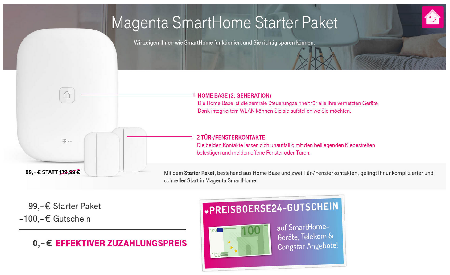 Telekom Smart Home für 4,95€ monatlich - inkl. Homebase, Indoorkamera, Zwischenstecker &amp; 3 Tür-/Fensterkontakten
