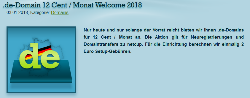 .de Domain für dauerhaft 0,12€ pro Monat bei netcup - zzgl. einmalig 2€ Einrichtungsgebühr