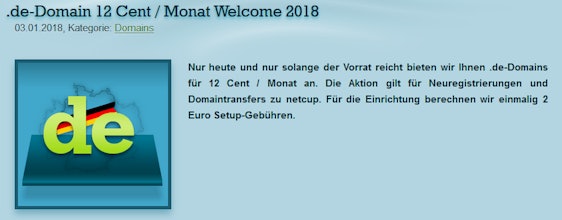 .de Domain für dauerhaft 0,12€ pro Monat bei netcup - zzgl. einmalig 2€ Einrichtungsgebühr