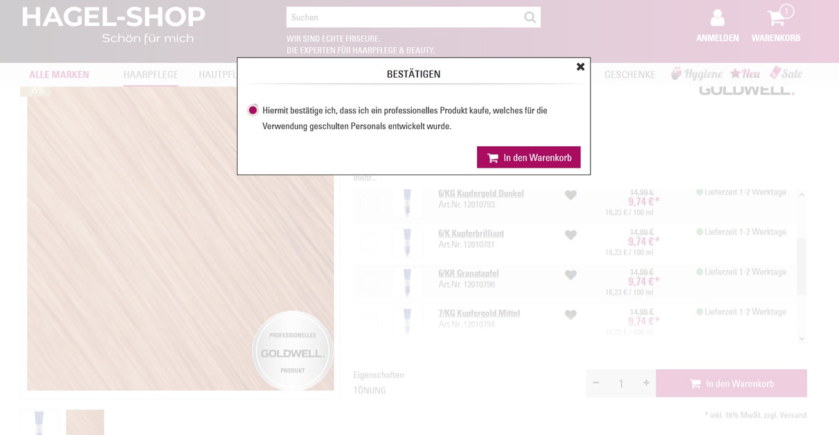 Hagel-Shop Warenkorb Bestätigung