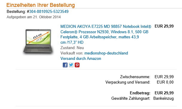 Preisfehler! Medion Akoya E7225 für 30€ - Notebook mit Windows 8.1, 500 GB Festplatte, 4GB Arbeitsspeicher, USB 3.0 und mattem 17,3" HD-Display  *UPDATE*