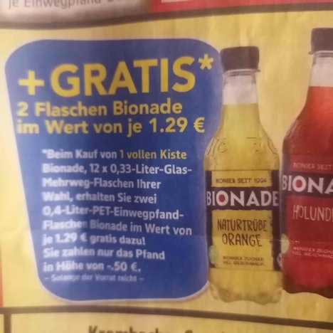 Bei Kauf 1 K. BIONADE o,33 l gratis dazu 2 Fla. Bionade 0,4 l - Edeka