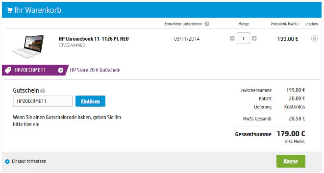 Warenkorb HP CHromebook schnaeppchenfuchs