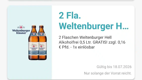 Gratis 2 Flaschen Weltenburger hell Alkoholfrei in der Logo App