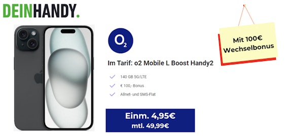 Daten-Knaller! 🤩 Apple iPhone 15 für 4,95€ + 140GB Allnet-Flat im o2-Netz für 49,99€ mtl.