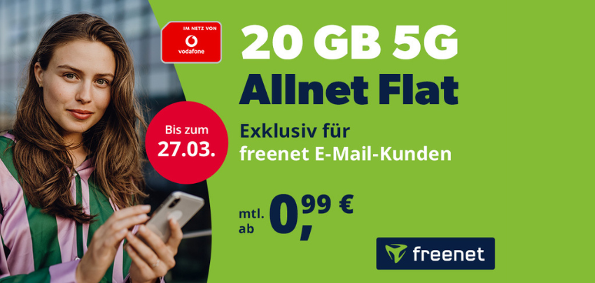 Letzte Chance! 🔥 20GB 5G Freenet Vodafone Allnet Flat ab 0,99€/Monat