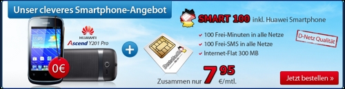 InternetFlat + 100Min + 100SMS + Gratis Android Smartphone nur 7,95€ mtl