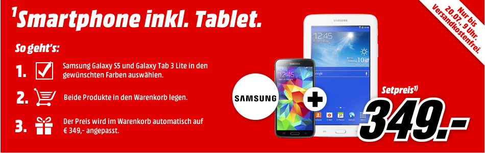 Samsung Galaxy S5 16GB + Samsung Galaxy Tab 3 7.0 Lite Wifi für 349€
