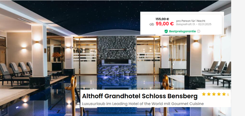 Althoff Grandhotel Schloss Bensberg für 99€ pro Person - Luxusurlaub, Gourmet Cuisine, Wellness-Oase