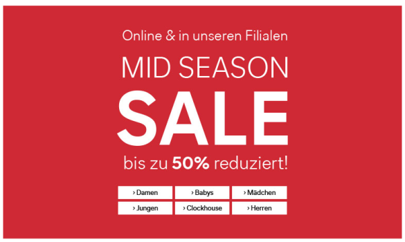 Mid Season Sale bei C&amp;A: bis zu 50% Rabatt + 10%-Newslettergutschein