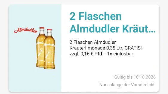 Gratis 2 Flaschen Almdudler Kräuterlimonade in der Logo App