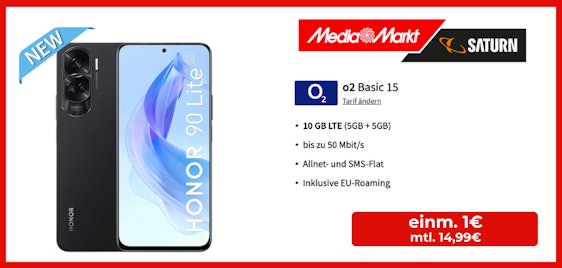 Mit 30€ Wechselbonus! 💰 Honor 90 Lite für 1€ + 10 GB LTE50 für 14,99€ mtl. (o2)
