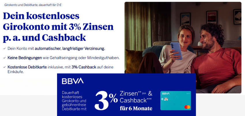 BBVA kostenloses Girokonto 🦾 mit starken 3% Zinsen &amp; Cashback-Funktion, inkl. kostenfreie Debitkarte