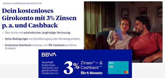 BBVA kostenloses Girokonto 🦾 mit starken 3% Zinsen & Cashback-Funktion, inkl. kostenfreie Debitkarte