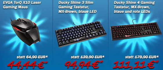 Jubiläumsangebote bei Caseking - z.B. Ducky Shine 3 Gaming-Tastatur ab 95€ oder EVGA TorQ X10 Gaming Maus ab 45€