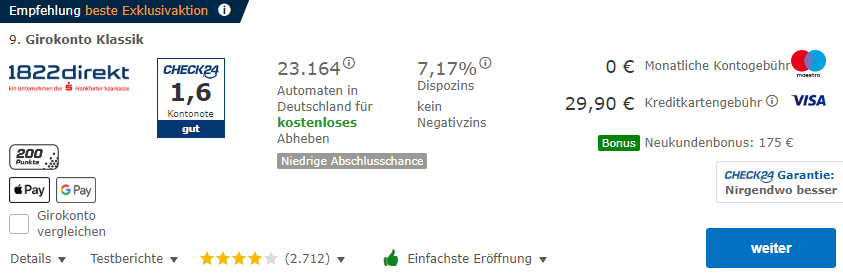 Vorbei! 175€ Willkommensbonus für das 1822direkt Girokonto Klassik mit kostenloser Kontoführung 💸 + gratis VISA Kreditkarte im 1. Jahr