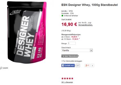 ESN Designer Whey 1kg für 14,58€ - bei Bestellungen ab 6 Packungen versandkostenfrei *UPDATE7*