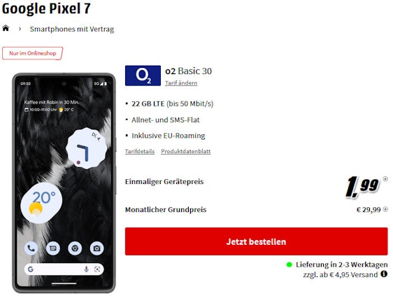 Google Pixel 7 im o2 Basic 30 für 32€/Monat - 22GB LTE, Allnet- & SMS-Flat, EU-Roaming