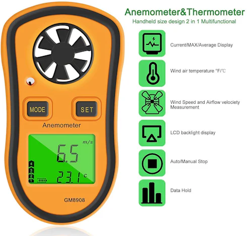Digital-Anemometer-Windgeschwindigkeits-Lehren-Messinstrument LCD Hand Airflow Windmesser Thermometer