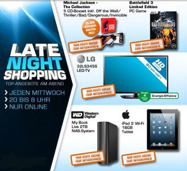 Die Saturn Late Night Shopping-Angebote - Michael Jackson CD für 11€ und WD My Book Live 2TB für 119€
