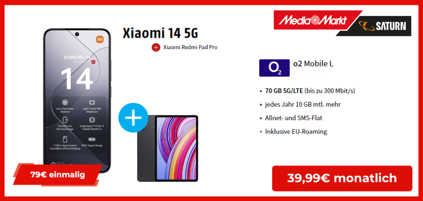 Xiaomi 14 5G &amp; Xiaomi Redmi Pad Pro für einmalig 79€ im 70 GB o2-Tarif für mtl. 39,99€